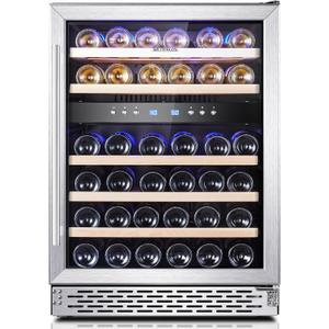 Phiestina Wine Refrigerator, 24 inch-46 Bottles Wine Cooler, Built-in Wine Fridge Under Counter or Freestanding Dual Zones, Auto Defrost with 6 Removable Shelves Glass Door for Home Office Bar