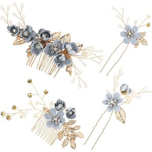 NUOBESTY 4Pcs Wedding Hair Clip Comb Handmade Bridal Hair Clip Pearl Floral Leaf Hair Accessories for Women Wedding (Blue)
