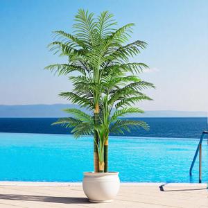 7ft Tall Triple Golden Cane Palm Artificial Tree Large Tropical Palm Tree UV Resistant Fake Plant in Pot for Indoor Outdoor Big House Living Room Outside Patio Office Home Decor 1Pack