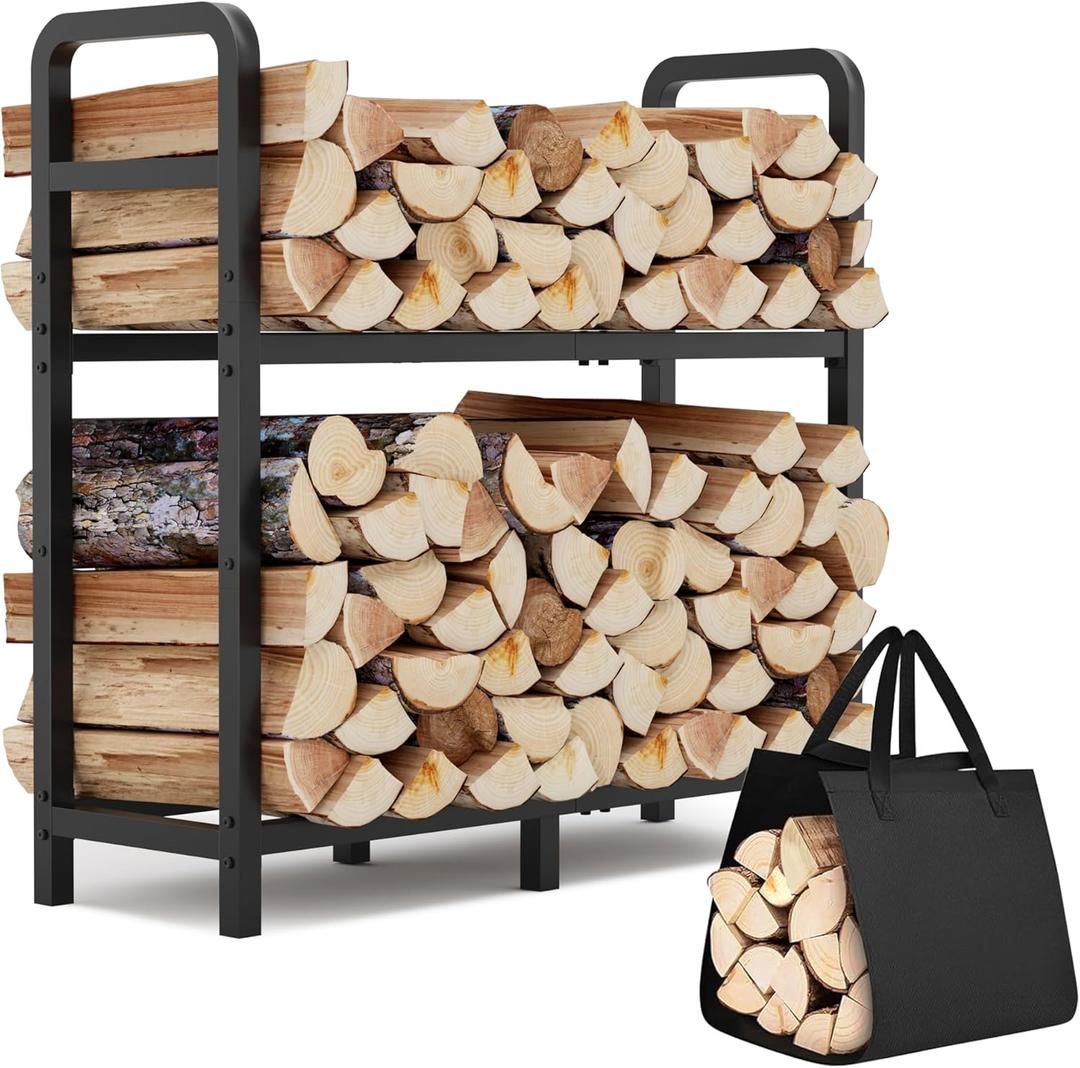 2-Tier Large Firewood Rack Outdoor Indoor with Log Carrier Bag, 30" Stable Log Holder Rustproof Metal Wood Rack for Fireplace Patio Deck Firepit, Heavy Duty Firewood Storage Organizer Tool (Black)