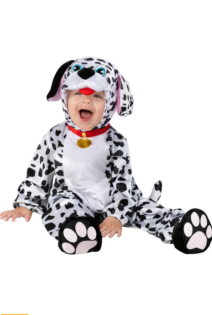Morph Toddler Dalmatian Costume Plush, Comfy Puppy Dog Outfit with Hood, Ears, Anti-Slip Foot Cover, Front Pocket | Halloween, 1T
