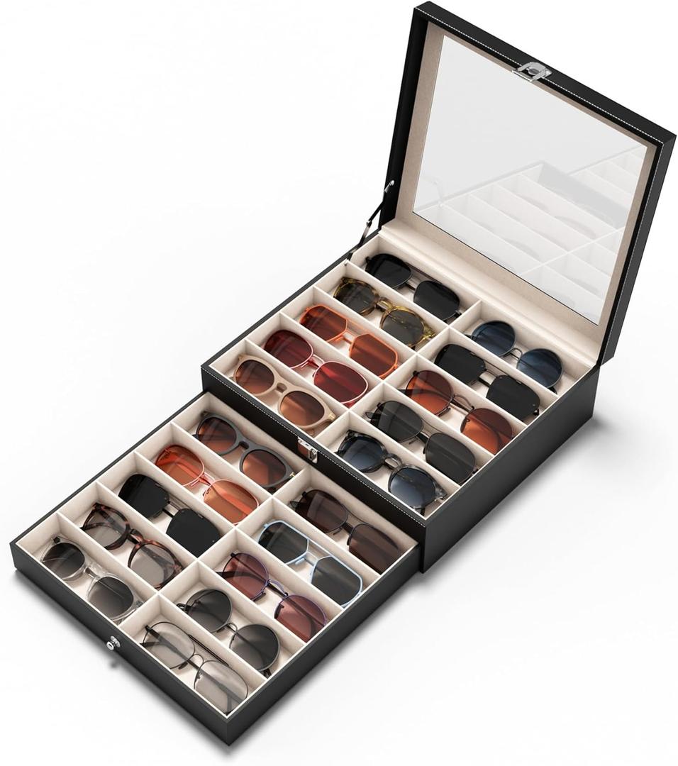 20 Slots Sunglass Organizer for Women Men Multiple Pairs of Sunglasses Storage Box See-Through Display Show Case (Black)