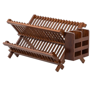 HBlife Dish Rack,Teak Folding 2Tier Collapsible Drainer Dish Drying Rack with Utensils Flatware Holder Set