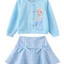 Disney Frozen Elsa Toddler Girl Outfits: Blue Long Sleeve Knit Top and Tweed Bowknot Skirt Set - Fall Winter Clothes for Birthday Party Holiday 5-6Y