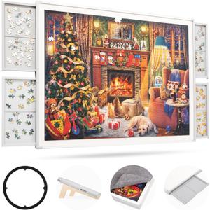 ropoda 1500 Pieces 35"x26" Double-Sided Rotating Plastic Puzzle Board with Drawers and Cover, Portable Jigsaw Puzzle Board,Tilting Puzzle Board,Lazy Susan Spinning Puzzle BoardsPuzzle Table(Grey)