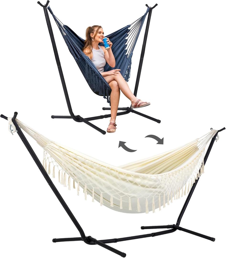 SUNCREAT 2-in-1 Convertible Portable Double Hammock with Stand Included, Outdoor Hammock and Stand, Patented, Natural Tassel