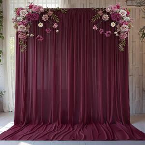 10ft x 10ft Burgundy Backdrop Curtains, Wrinkle-Free Sheer Chiffon Fabric Photo Backdrop Drapes for Wedding Arch Party Ceremony Stage Photography Decorations (5ft x 10ft, 1 Panel)