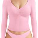 YEOREO CoreFlex Long Sleeve Workout Tops for Women Padded Deep V Neck Double Lined Impact Tops Slim Fit Gym Athletic Shirts (Pink, XS)