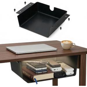 2 Pack Under Desk Hanging Shelf Drawer Organizer, Attachable Plastic Hidden Storage Tray, Easy Adhesive Mount Holder for Standing Tables, Office, Counters, Cabinets, Workstations - Black