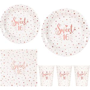 Crisky Rose Gold Sweet 16 Birthday Napkins, Plates, Cups Set - 24 Disposable Tableware Items for 16th Birthday Party Decorations