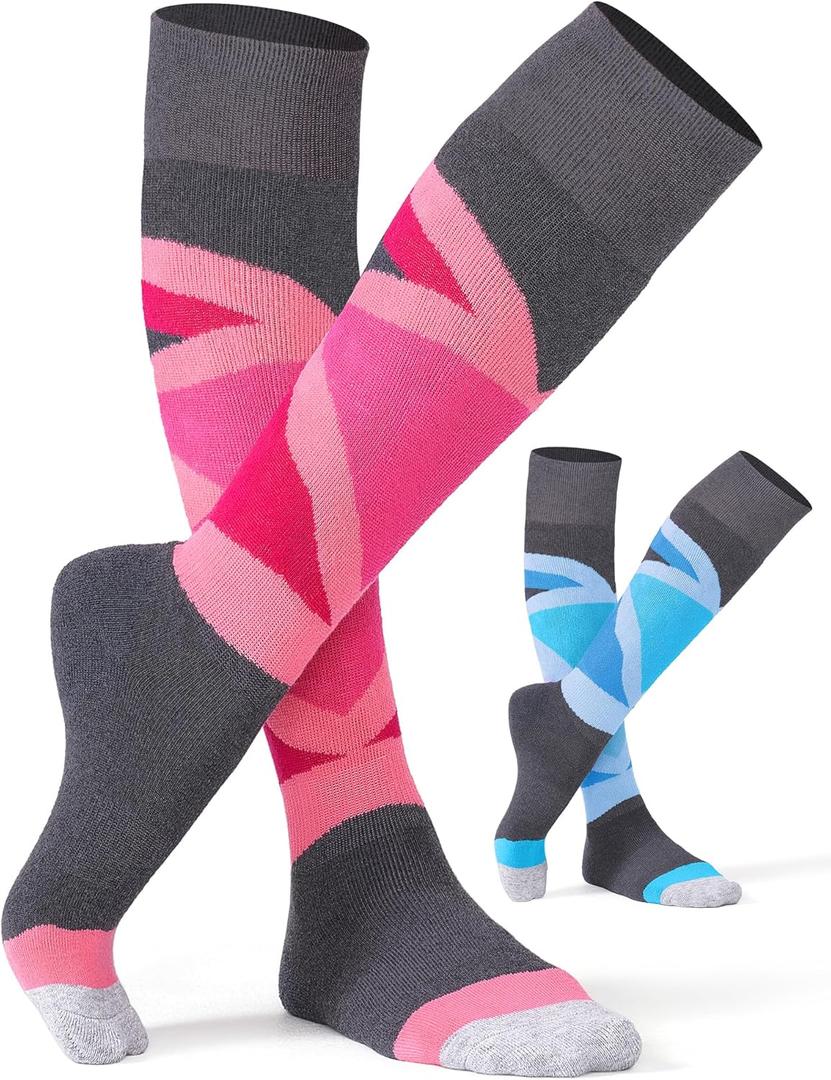 CS CELERSPORT 2/3 Pack Ski Socks for Womens and Mens with Full Cushion, Wool Winter Warm Socks for Skiing Snowboarding (Small, Rose + Blue)