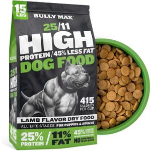 Bully Max 25/11 High Protein & Low Fat Dry Lamb Dog Food for Puppies and Adult Dogs - Chicken-Free Lamb Flavor - Natural Puppy Food for All Ages, Small and Large Breeds - Large Kibble Size, 15 lb. Bag (EXP 06/07/26)