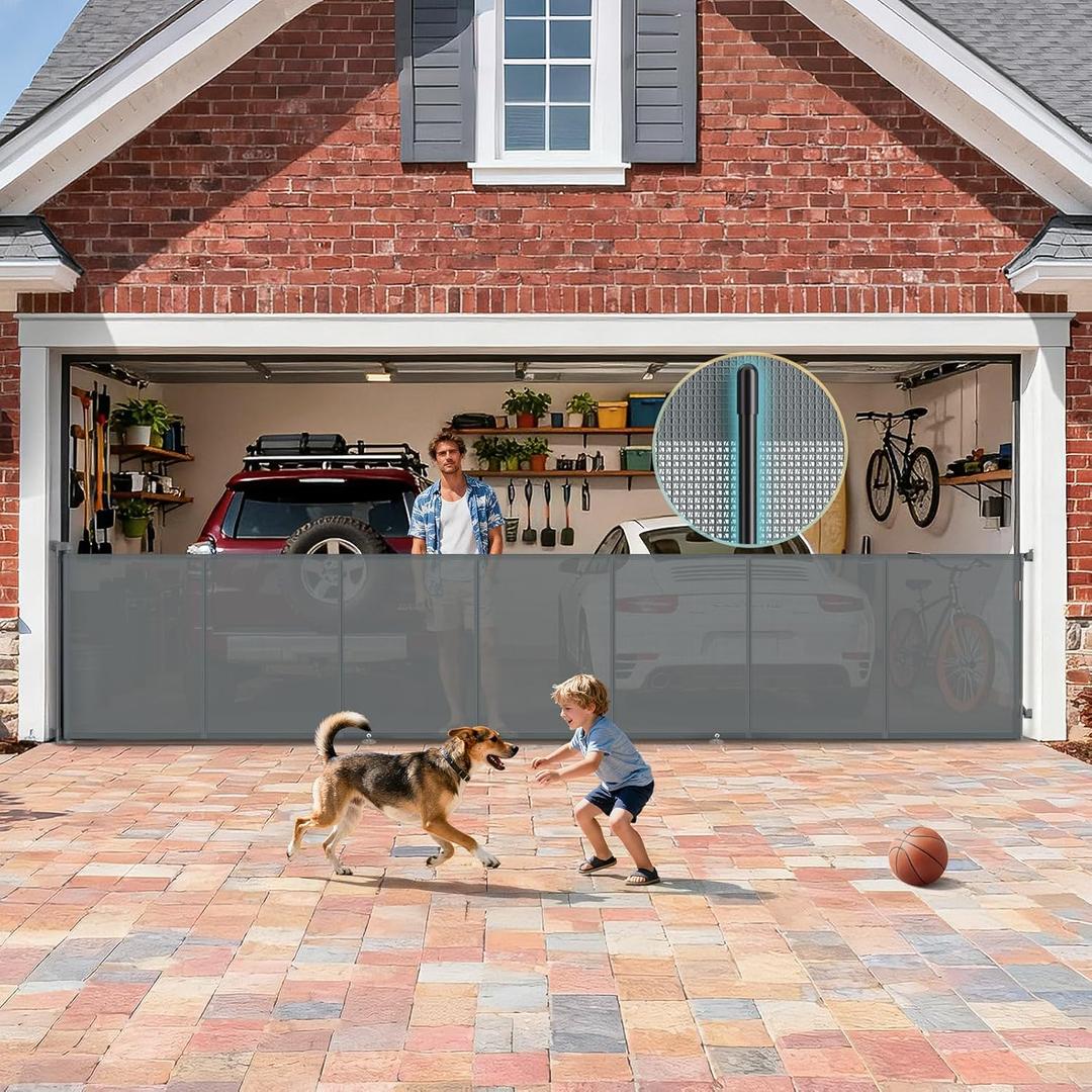 200'' Retractable Baby Gates Extra Wide, 42'' Extra Tall Retractable Dog Gate, 16 FT Grey Indoor/Outdoor Retractable Gate with Reinforcement Rods for Garage, Doorways, Stairs, Decks, Driveway, Patio