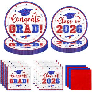 Graduation Decorations 2026,Red and Blue Graduation Plates and Napkins 2026,200pcs Class Of 2026 Party Decorations Tableware for Graduation Party Supplies,Serve 50 (Red and Blue)