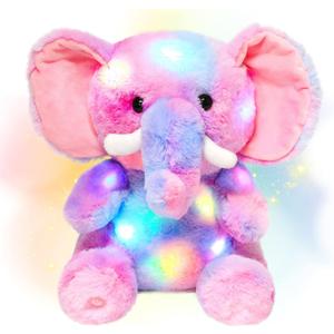 Hopearl LED Plush Elephant Colorful Lighting Up Stuffed Animal Elephish Floppy Night Lights Glow in The Dark Birthday Festival for Kids Toddler Girls, Rainbow, 11''