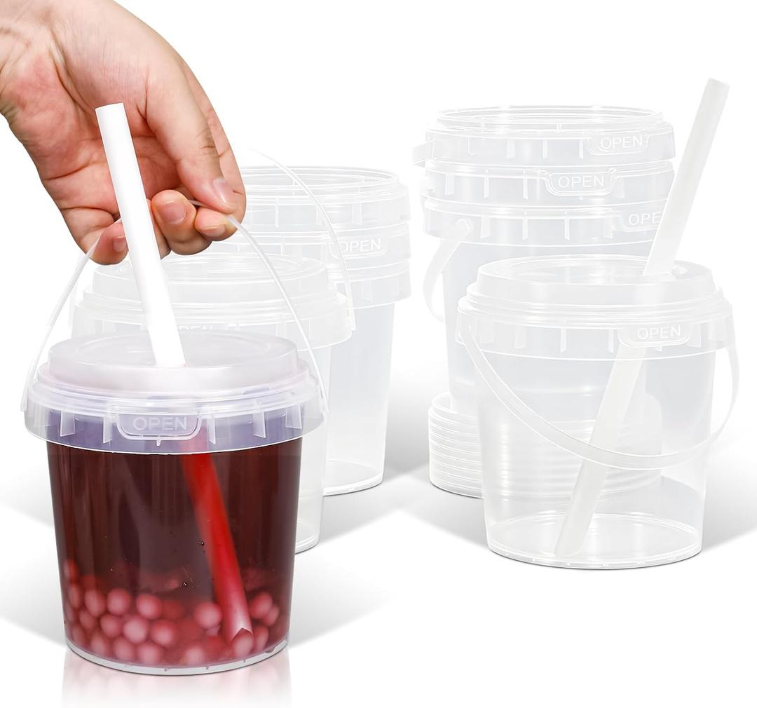 Clear Plastic Cups with Lid and Straw, Reusable Drink Bucket with Handle for Iced Coffee, Smoothie, Ice Cream - Sturdy Food Safe Party Cups for Pool, Beach, Birthday Parties (8, 32 oz)
