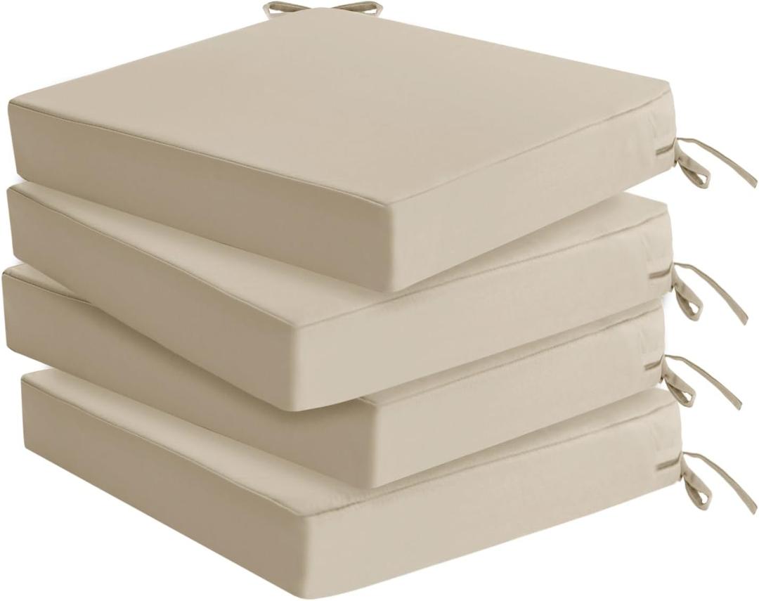 Outdoor Chair Cushions Set of 4: Waterproof & Fade Resistant Seat Cushion for Patio Furniture - 18.5 x 16 x 2 Inch Chair Pads with Ties and Hidden Zipper - Patio Chair Cushion Replacement, Beige