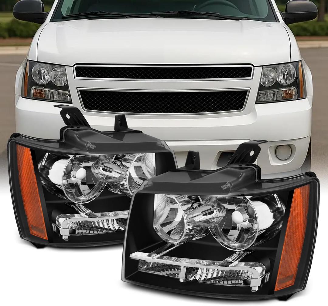 AKKON - For Black Bezel 07-13 Suburban Tahoe Avalanche Headlights Front Lamps Direct Replacement Left + Right, Low Beam: H11, High Beam: 9005, Car Vehicle Light Assembly, Black Housing
