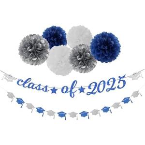 Navy-Blue White-Silver Party-Decorations Graduation Banner - 8pcs Kits Class of 2025 Cap Garland Streamers, Paper Tissue Pom Poms Flowers, Congratulations Grad Decor Lasting Surprise