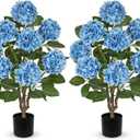 3FT Blue Hydrangea Artificial Flowers Tree 2 Pack Large Real Touch Faux Silk Hydrangea Plants Potted Fake Flower in Black Pot for Home Indoor Outdoor Front Porch Garden Entrance Living Room Decor