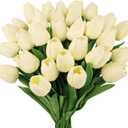 MACTING 30 PCS Artificial Tulip Flowers 13.7" Real Touch Fake PU Tulips Bouquet Faux Flowers for Floral Arrangements Table Centerpieces Kitchen Home Mothers Day Spring Easter Decorations(Cream)