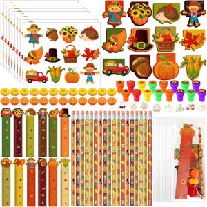 Cholemy 84 Pcs Fall Pumpkin Party Favor Thanksgiving Party Supplies Pumpkin Maple Stationery Set Notebook Sticker Stamper Eraser Ruler Pencil for Autumn Baby Shower Birthday Gift Prize