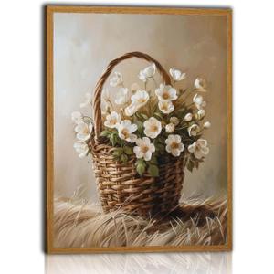 RERNIE Flowers in Basket Wall Art Countryside Cottage Wildflower White Floral Cottagecore Green Plant Paintings Decor Flower Still Life Neutral 16x24 Inch With frame