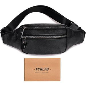 Genuine Leather Fanny Pack, Outdoor Travel Waist Pack, Cowhide Leather Waist Bag with Adjustable Strap, Suitable for Outdoor Hiking, Travelling, Cycling, Running - Black