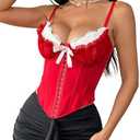 GIYKBX Women Ruffled Lace Trim Bow Sexy V Neck Corset Tops Adjustable Straps Bustier Body shaper Crop Top, Red M