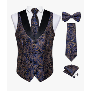 Men's Paisley Vest Necktie Bowtie Handkerchief Cufflinks Set For Business Wedding Waistcoat Dress, Size M