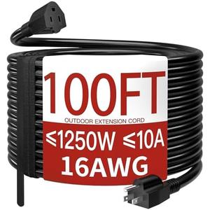 Skrizcable 16/3 100 Ft Outdoor Extension Cord Waterproof, Weatherproof & Flame Retardant Black 3 Prong Power Cord Outside for Lawn & Garden, 10 Amps 1250 Watts 125 VAC 16AWG SJTW, ETL Listed