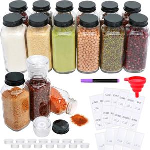 15 Pack 8oz Glass Spice Jars with Grinders, Square Spice Bottles with Deeper Shaker Lids & Airtight Metal Caps, Seasoning Containers with Labels for Spice Organization, Fits Cabinet, Spice Rack