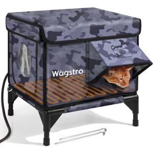 Heated Cat House for Outside, Insulated Weatherproof Heated Outdoor Cat House with Waterproof Eaves & Escape Door, Elevated Outdoor Cat Shelter for Feral Stray Cat (Black Camo, 16.5"x13"x16.9")