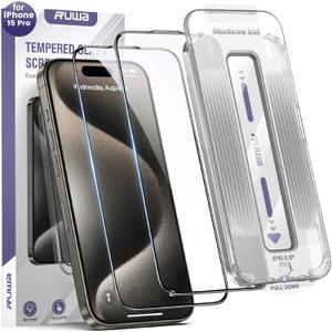 ruwa Screen Protector for iPhone 15 Pro 2-Pack HD Clear Tempered Glass Film with Auto Dust-Elimination Alignment Kit, 9H Hardness Drop Protection, Scratch Resistant, Full Coverage, Bubble-Free (Transparent)