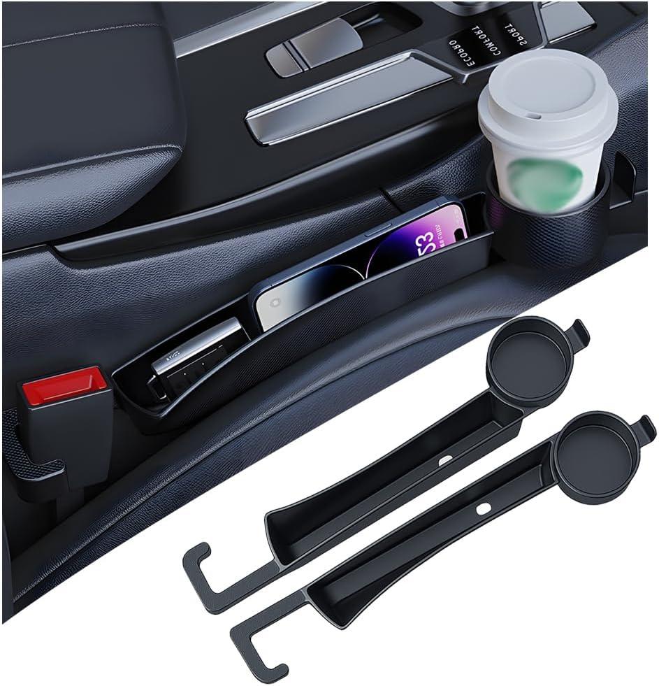 2PCS Car Seat Gap Filler, Multifunctional Vehicle Seat Side Gap Plug Blocker with Cup Holder & Storage Slot, No Drop Automotive Console Crevice Stopper, Universal for Truck SUV Van (Black)