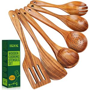 6 Pcs Wooden Cooking Spoons Set  Natural Teak Wood, Safe for Nonstick Cookware & Healthy Kitchen Utensils