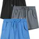 Kids Girls Dry-Fit Active Athletic Shorts, 3 Pack Casual Soft Girls Running Soccer Bike Biker Shorts with Drawstring & Pockets, Grey, Black, Blue, Size 4-5 Years
