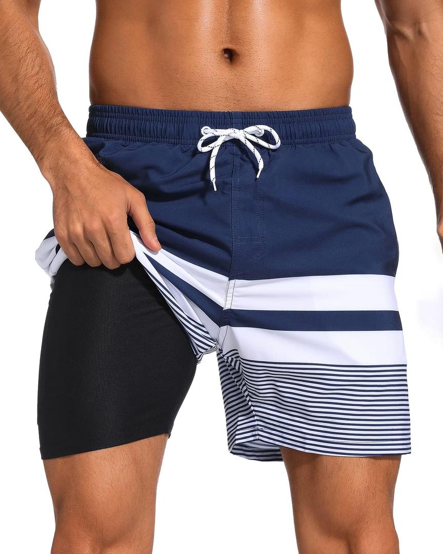 SILKWORLD Mens Swim Trunks with Compression Liner 2 in 1 Quick Dry Bathing Suit Beach Shorts with Zipper Pockets Large, Dark Navy&white Stripes