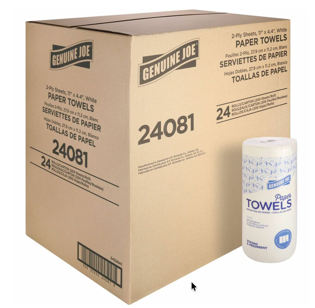 Genuine Joe 2-Ply Household Roll Paper Towels - 4.40 x 11 Inches - 200 Sheets Per Roll - White - Perforated for Kitchen, Multipurpose - 24 Rolls Per Carton