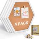 AkTop Cork Bulletin Board Hexagon 4 Pack, Small Framed Corkboard Tiles for Wall, Thick Decorative Display Boards for Home Office Decor, School Message Board with 16 Push Pin Wood Clips, White