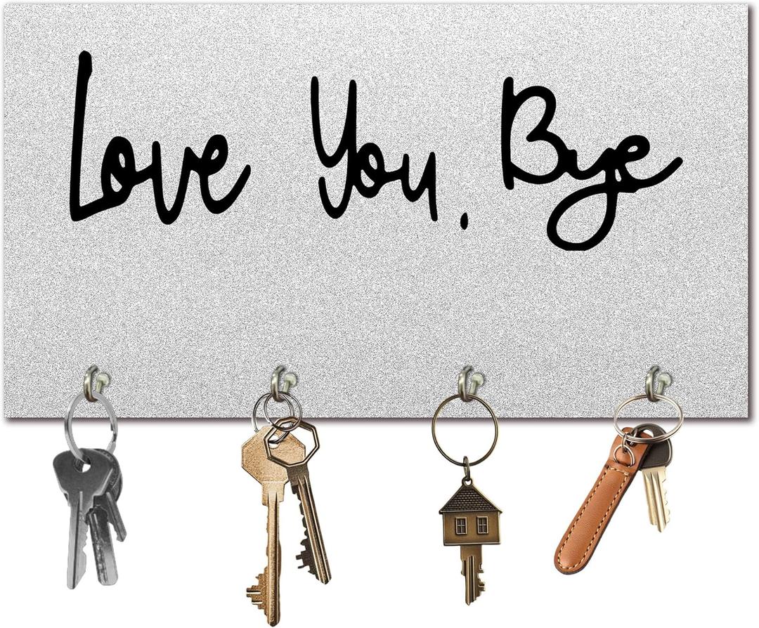 9" x 5" Gray Solid Wood Wall-Mounted Key Holder - Love You Bye - with 4 Metal Hooks for Easy Hanging, Suitable for farmhouses, Homes, bedrooms, Wall Decorations & Gifts (1 Pcs) - A04