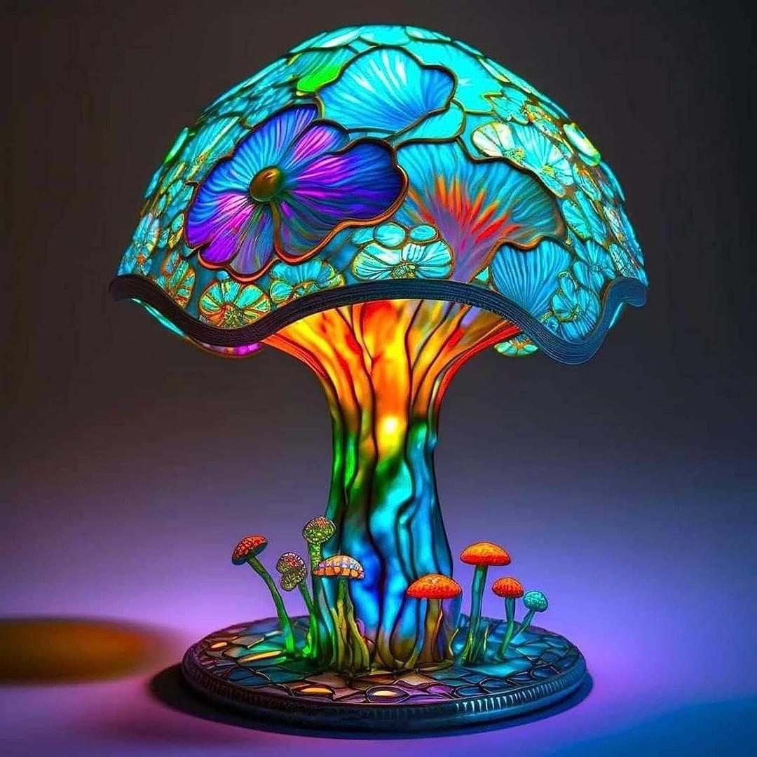 Painting Mushroom Table Lamp, 7.9Inch New Stained Glass Plant Night Light,Bohemian Resin Mushroom Decorative Bedside Lamp for Bedroom Living Room Home Office Decor Gift (M)