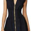 Womens V Neck Summer Dress Cap Sleeve Zipper Mini Dress Smocked Slit Dress with Pockets (Blue, L)