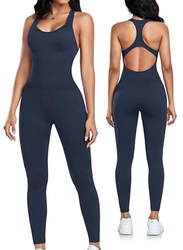Womens Workout Jumpsuits Seamless Yoga Gym Bodycon Rompers Sexy Racerback Tummy Control Padded Bra Unitard - Navy S