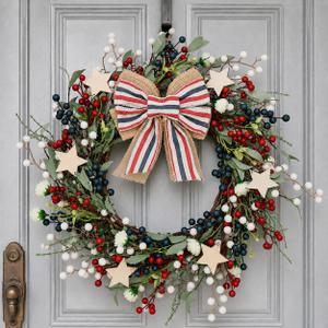 4th of July Wreaths 20in, Vintage 250th Anniversary Berry Wreath Red White and Blue Decorations, Memorial Day Americana Farmhouse Front Door Porch Wall Patriotic Decor