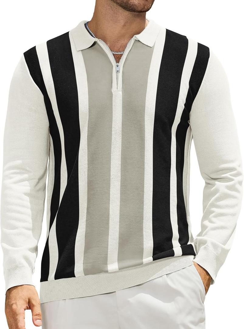 PRIVIMIX Mens Knit Striped Polo Shirts Long Sleeve Fashion Vintage Quarter Zip Pullover Casual Polo Sweater (L)