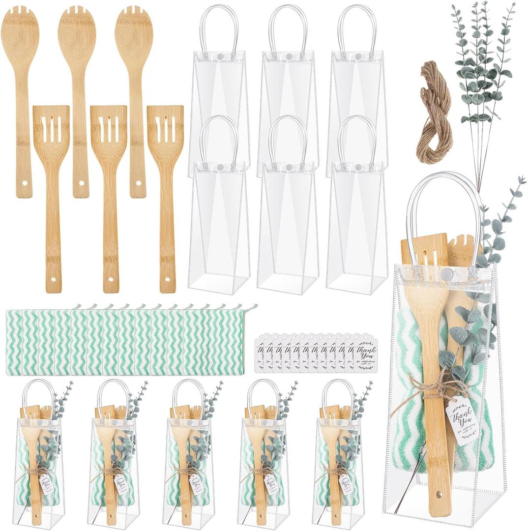 12 Sets Baby Shower Game Prizes for Winners Prize, Bamboo Spatulas Spoons with Gift Bags, Towel, Thank You Tags and Artificial Plant or Flower for Wedding Bridal Shower Party Favor(Green)