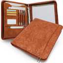 Embossed Faux Leather Zippered Padfolio with 3 Ring Binder, Executive Portfolio Organizer Binder for Women, Fits 13.9" Laptop/Tablet, Refillable Writing Pad Pocket, Brown (Zipper Portfolio(13.7"x11"x1.57"))