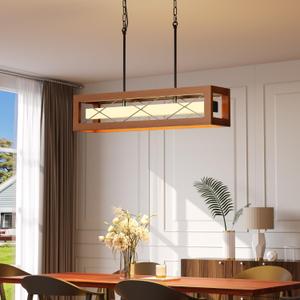 31.5" Wood Rectangular Chandeliers for Dining Room, Walnut Linear Kitchen Island Lighting, Rustic Farmhouse Dining Room Light Fixture Over Table, 30W LED Dimmable Pendant Lights with Remote, 31.5in