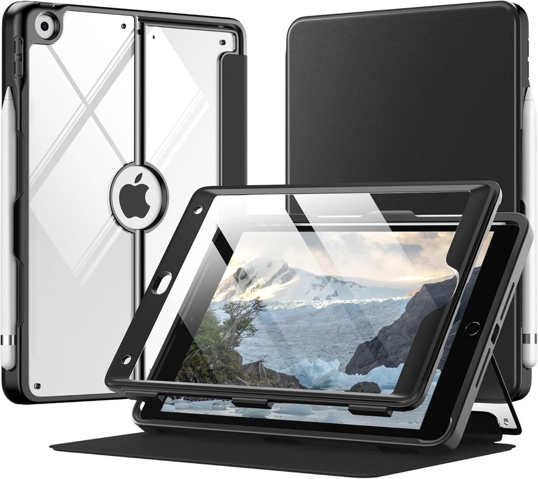 MoKo Case for iPad 9th Generation with Pencil Holder, iPad 8th/7th Gen Case 10.2-inch, Built-in Screen Protector Clear Back, Stain Resistant Multi Angle Viewing Stand, Auto Wake/Sleep, Black